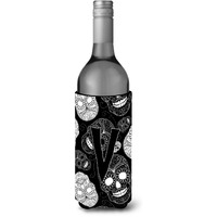 Letter V Day of the Dead Skulls Black Wine Bottle Beverage Insulator Hugger CJ2008-VLITERK