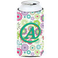 Letter A Flowers Pink Teal Green Initial Tall Boy Beverage Insulator Hugger CJ2011-ATBC