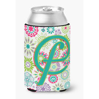 Letter F Flowers Pink Teal Green Initial Can or Bottle Hugger CJ2011-FCC