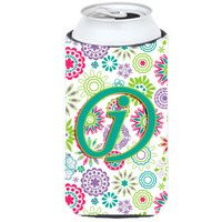 Letter J Flowers Pink Teal Green Initial Tall Boy Beverage Insulator Hugger CJ2011-JTBC