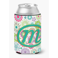 Letter M Flowers Pink Teal Green Initial Can or Bottle Hugger CJ2011-MCC