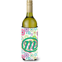 Letter M Flowers Pink Teal Green Initial Wine Bottle Beverage Insulator Hugger CJ2011-MLITERK