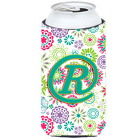 Letter R Flowers Pink Teal Green Initial Tall Boy Beverage Insulator Hugger CJ2011-RTBC