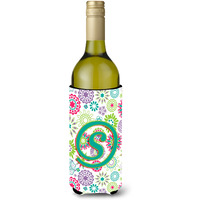 Letter S Flowers Pink Teal Green Initial Wine Bottle Beverage Insulator Hugger CJ2011-SLITERK
