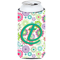 Letter T Flowers Pink Teal Green Initial Tall Boy Beverage Insulator Hugger CJ2011-TTBC