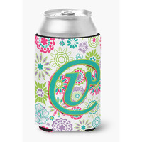 Letter V Flowers Pink Teal Green Initial Can or Bottle Hugger CJ2011-VCC