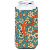 Letter C Flowers Retro Blue Tall Boy Beverage Insulator Hugger CJ2012-CTBC