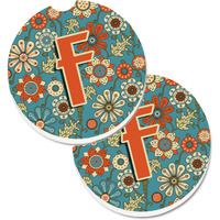"Caroline's Treasures Letter F Flowers Retro Blue Set of 2 Cup Holder Car Coasters CJ2012-FCARC, 2.56, Multicolor"