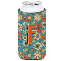 Letter F Flowers Retro Blue Tall Boy Beverage Insulator Hugger CJ2012-FTBC