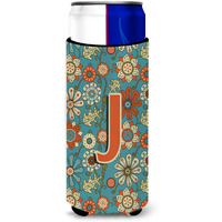 Letter J Flowers Retro Blue Ultra Beverage Insulators for slim cans CJ2012-JMUK