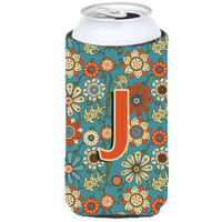 Letter J Flowers Retro Blue Tall Boy Beverage Insulator Hugger CJ2012-JTBC