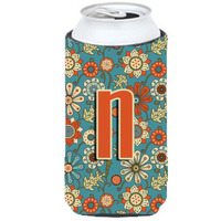 Letter N Flowers Retro Blue Tall Boy Beverage Insulator Hugger CJ2012-NTBC