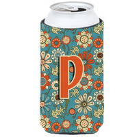 Letter P Flowers Retro Blue Tall Boy Beverage Insulator Hugger CJ2012-PTBC