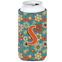 Letter S Flowers Retro Blue Tall Boy Beverage Insulator Hugger CJ2012-STBC