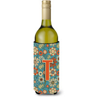 Letter T Flowers Retro Blue Wine Bottle Beverage Insulator Hugger CJ2012-TLITERK