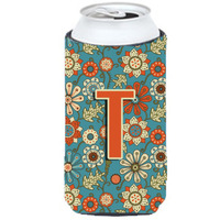 Letter T Flowers Retro Blue Tall Boy Beverage Insulator Hugger CJ2012-TTBC