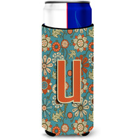 Letter U Flowers Retro Blue Ultra Beverage Insulators for slim cans CJ2012-UMUK