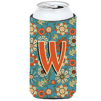 Letter W Flowers Retro Blue Tall Boy Beverage Insulator Hugger CJ2012-WTBC