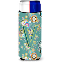 Letter V Circle Circle Teal Initial Alphabet Ultra Beverage Insulators for slim cans CJ2015-VMUK
