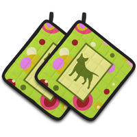 "Caroline's Treasures Lime green Dots Bull Terrier Pair of Pot Holders CK1046PTHD, 7.5HX7.5W, Multicolor"