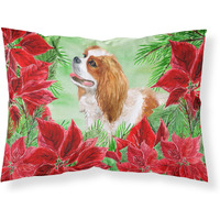 "Caroline's Treasures Cavalier Spaniel Poinsettias Printed, Polyester, 250 Thread count, Envelope closure Pillowcase, Standard, Multicolor"