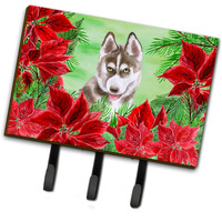 "Caroline's Treasures Siberian Husky Grey Poinsettias Wall Hook, Triple, Christmas Poinsettas"