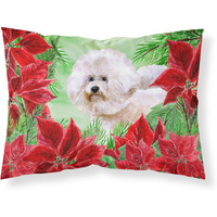 "Caroline's Treasures Bichon Frise #2 Poinsettias Printed, Polyester, 250 Thread count, Envelope closure Pillowcase, Standard, Multicolor"