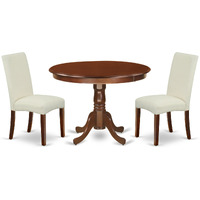 HLDR3-MAH-01 3Pc Round 42" Dining Table And Two Parson Chair With Mahogany Finish Leg And Linen Fabric- Cream Color