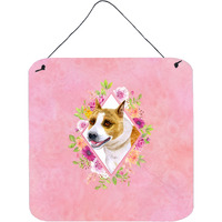 "Caroline's Treasures Bull Terrier Pink Flowers Door Hanging Prints wall-decor, Multicolor"