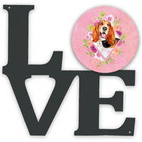 "Caroline's Treasures Basset Hound Pink Flowers Metal Artwork Love wall-decor, Multicolor"