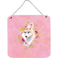"Caroline's Treasures Red Siberian Husky Pink Flowers Door Hanging Prints wall-decor, Multicolor"