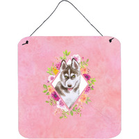 "Caroline's Treasures Siberian Husky #2 Pink Flowers Door Hanging Prints wall-decor, Multicolor"