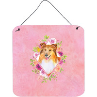 "Caroline's Treasures Sheltie Shetland Sheepdog Pink Flowers Door Hanging Prints wall-decor, Multicolor"