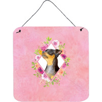 "Caroline's Treasures Black Miniature Pinscher Pink Flowers Door Hanging Prints wall-decor, Multicolor"