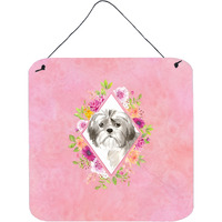 "Caroline's Treasures Shih Tzu Puppy Pink Flowers Door Hanging Prints wall-decor, Multicolor"