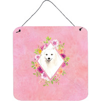 "Caroline's Treasures Japanese Spitz Pink Flowers Door Hanging Prints wall-decor, Multicolor"