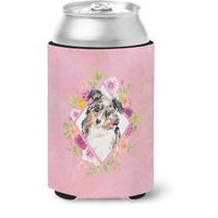 "Caroline's Treasures CK4267CC Australian Shepherd Pink Flowers Can or Bottle Hugger cold-beverage-koozies, 12 oz, Multicolor"