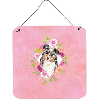 "Caroline's Treasures Australian Shepherd Pink Flowers Door Hanging Prints wall-decor, Multicolor"