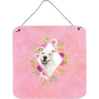 "Caroline's Treasures White Pit Bull Terrier Pink Flowers Door Hanging Prints wall-decor, Multicolor"