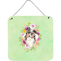 "Caroline's Treasures Australian Shepherd Green Flowers Door Hanging Prints wall-decor, Multicolor"