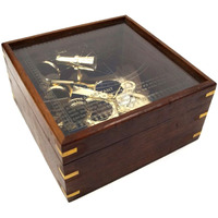 Brass Sextant 8" w/ Wood & Etched Glass Box