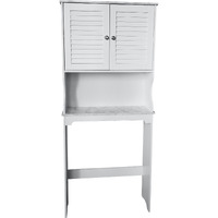 Trevita Freestanding Over The Toilet Bathroom Space Saver Organizer With Storage Cabinet, Adjustable Shelf & Open Shelf, White & Marble Wood, Contemporary