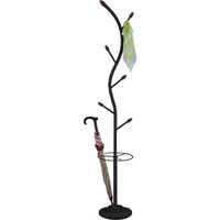 Minerva Freestanding Entryway Coat & Hat Rack with Umbrella Holder, Black Metal with Wooden Tips