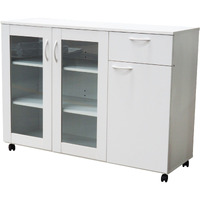 Gremlin Wheeled Kitchen Storage Sideboard Buffet Cabinet With Adjustable Shelves & Drawer, White Wood & Glass, Contemporary