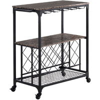 Cologne Kitchen Island Serving Cart, Black Metal Frame & Marble Wood, With Storage Shelves, Wine Rack, Wine Glass Holders, Towel Rack & Wheels, Transitional