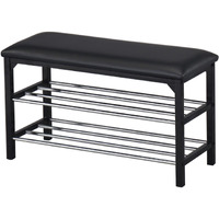 Harney 2 Tier Shoe Organizer Storage Bench, Black Vinyl Seat & Frame, Chrome Metal Racks