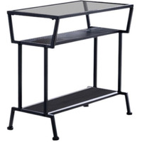 Davos Accent Side Table, Black Metal Frame & Tempered Glass Top With Wood Storage Shelves, Transitional