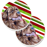 "Caroline's Treasures Newfoundland Candy Cane Holiday Christmas Set of 2 Cup Holder Car Coasters LH9219CARC, 2.56, Multicolor"