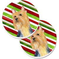 "Caroline's Treasures Silky Terrier Candy Cane Holiday Christmas Set of 2 Cup Holder Car Coasters LH9226CARC, 2.56, Multicolor"