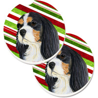 "Caroline's Treasures Cavalier Spaniel Candy Cane Holiday Christmas Set of 2 Cup Holder Car Coasters LH9234CARC, 2.56, Multicolor"